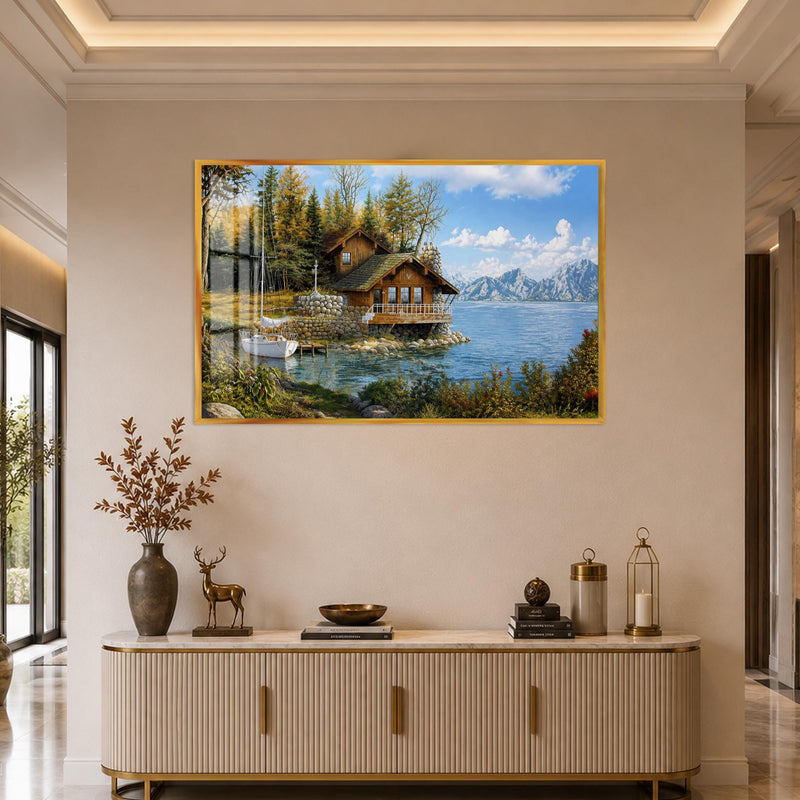 Lakeside Cabin Retreat with gold frame