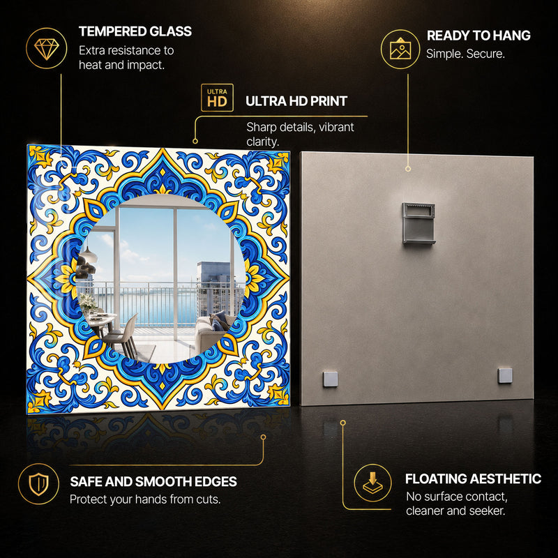 Mediterranean Tile Flourish — tempered glass, ultra HD print, ready to hang