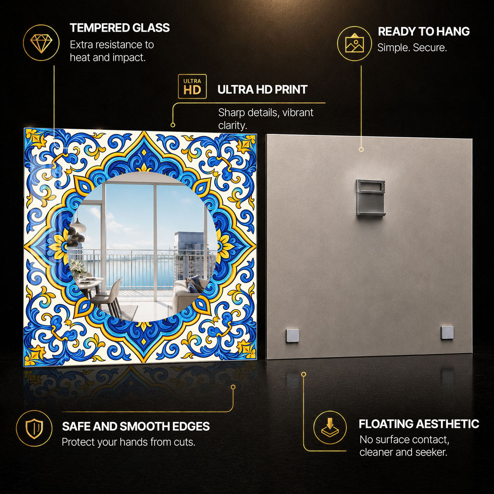 Mediterranean Tile Flourish — tempered glass, ultra HD print, ready to hang