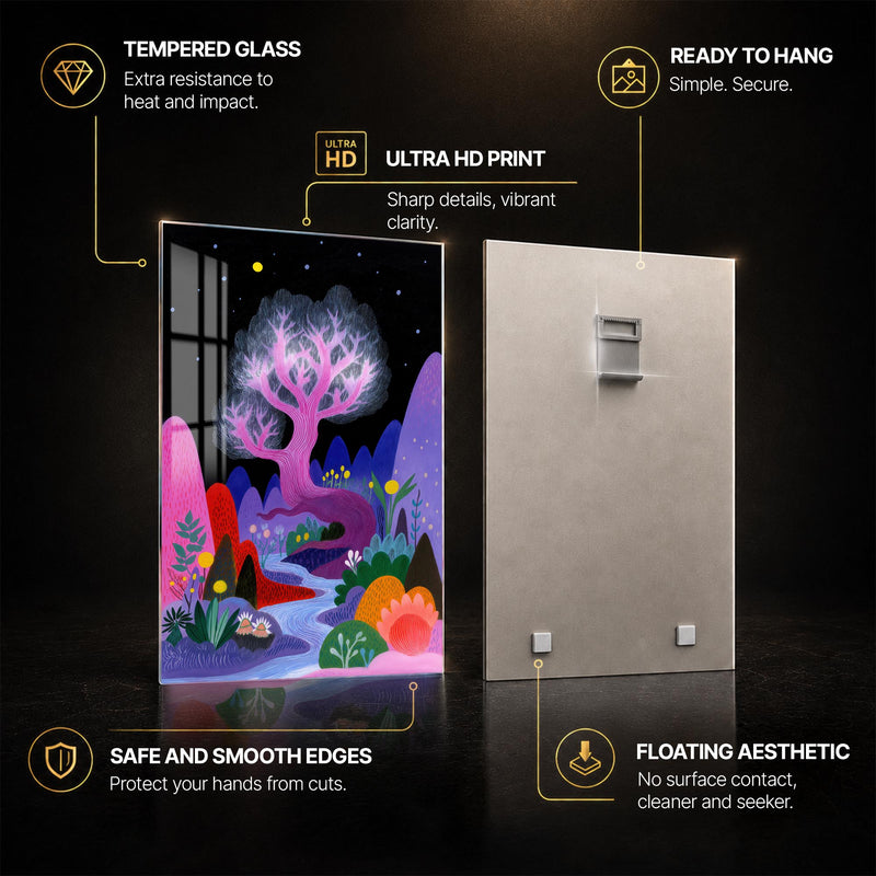 Enchanted Neon Grove — tempered glass, ultra HD print, ready to hang