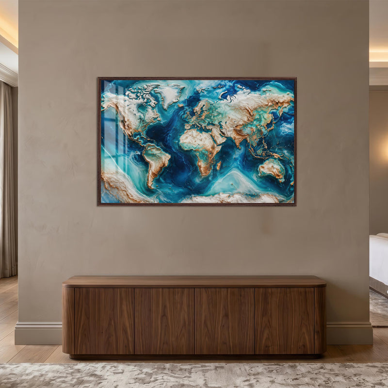Azure Marble World Map with walnut frame