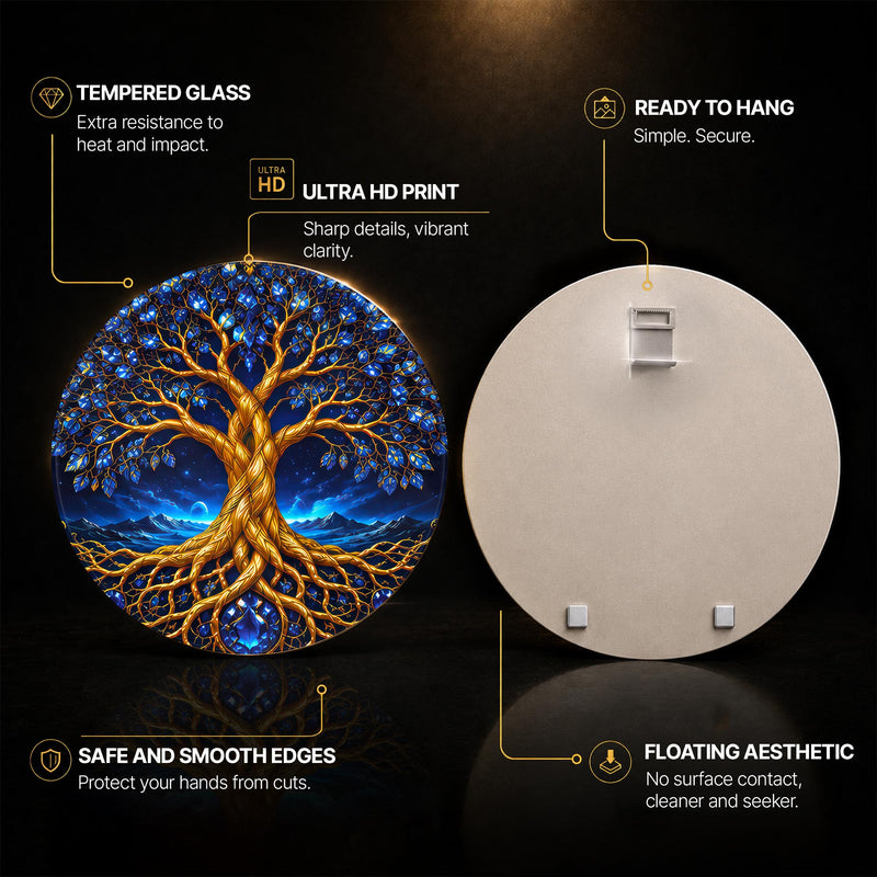 Celestial Golden Tree — tempered glass, ultra HD print, ready to hang