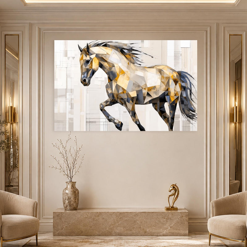 Artronauts Glass Print Low-Poly Gold Stallion Glass Wall Art
