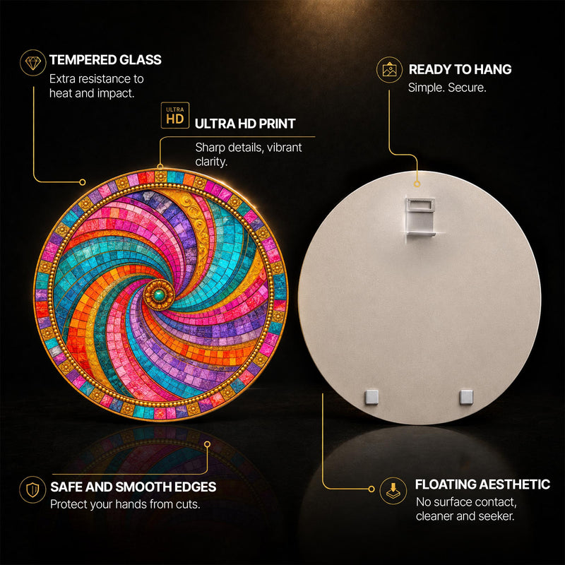 Jeweled Mosaic Spiral — tempered glass, ultra HD print, ready to hang