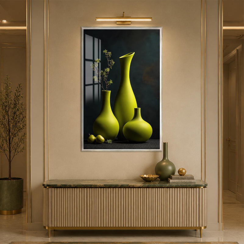 Sculptural Green Vases with silver frame