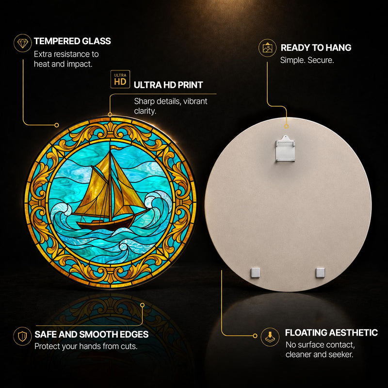 Amber Sailboat Turquoise Waves — tempered glass, ultra HD print, ready to hang