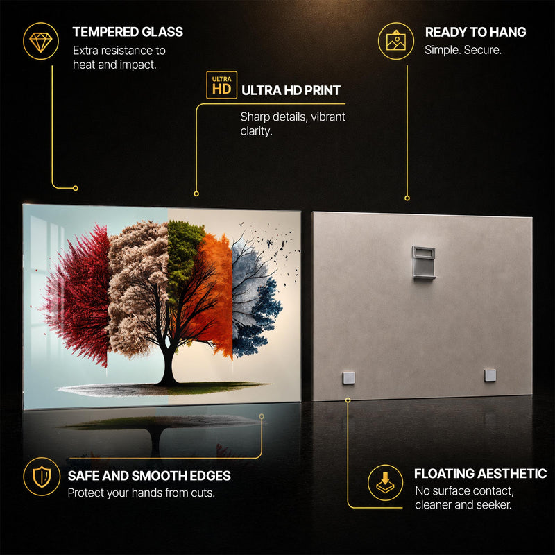Tree Through Seasons — tempered glass, ultra HD print, ready to hang