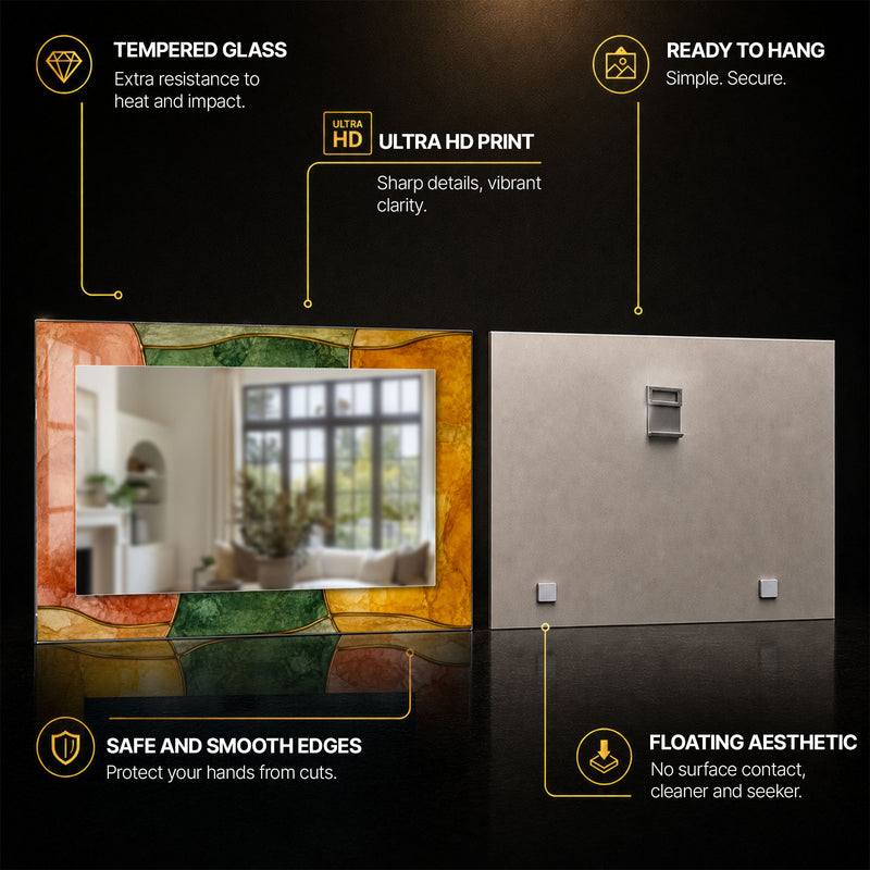 Amber Mosaic Harmony — tempered glass, ultra HD print, ready to hang