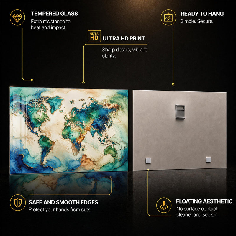 Gilded Azure World — tempered glass, ultra HD print, ready to hang