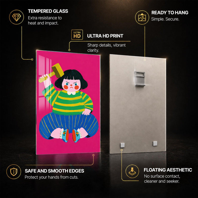 Hammer Girl — tempered glass, ultra HD print, ready to hang
