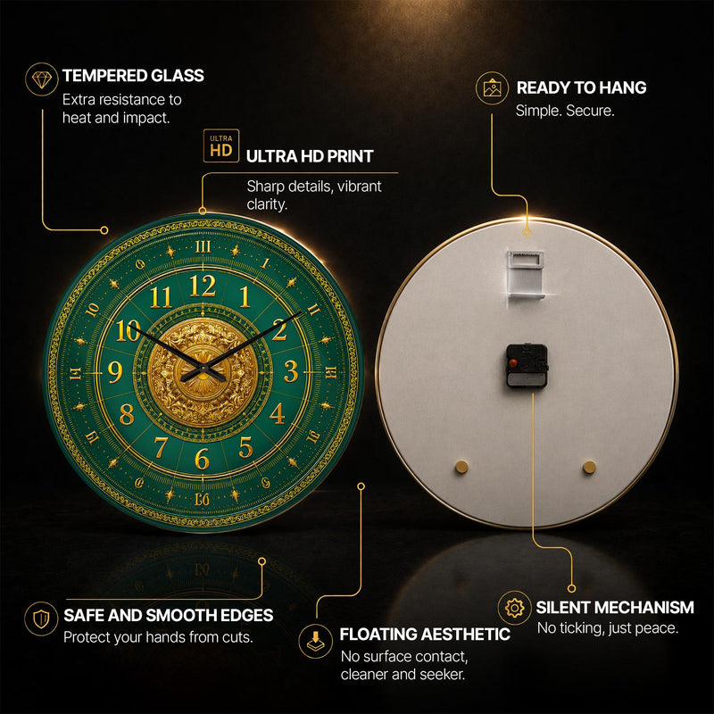 Emerald Gilded Dial — tempered glass, ultra HD print, ready to hang