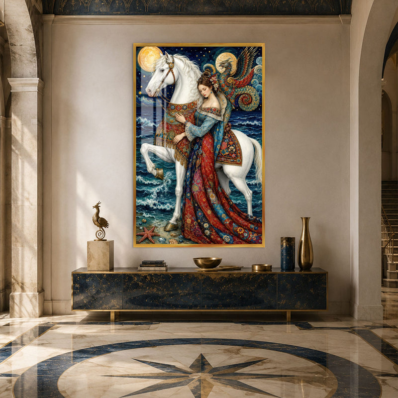 Artronauts Glass Print 12x18 cm | 4.7"x7.1" / Gold Moonlit Dragon Rider Glass Wall Art