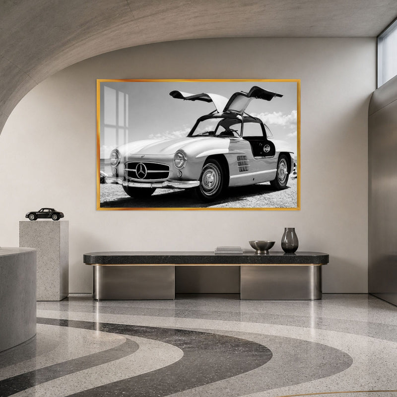 Artronauts Glass Print 18x12 cm | 7.1"x4.7" / Gold Classic Gullwing Mercedes Glass Wall Art