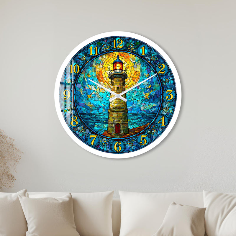 Stained Glass Lighthouse with white frame