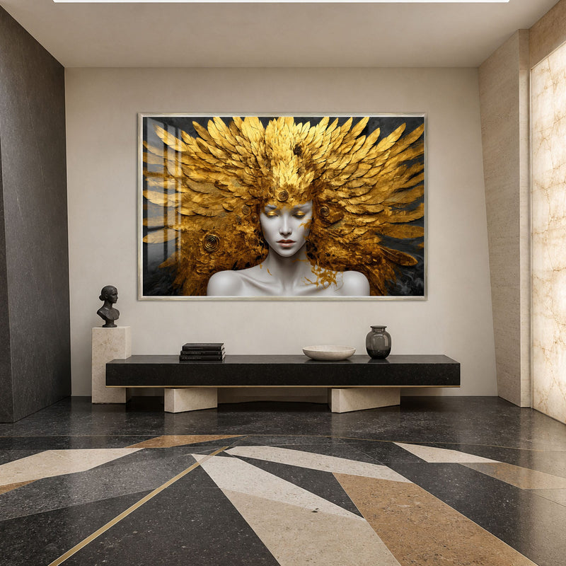 Artronauts Glass Print 18x12 cm | 7.1"x4.7" / Silver Golden Feather Goddess Glass Wall Art