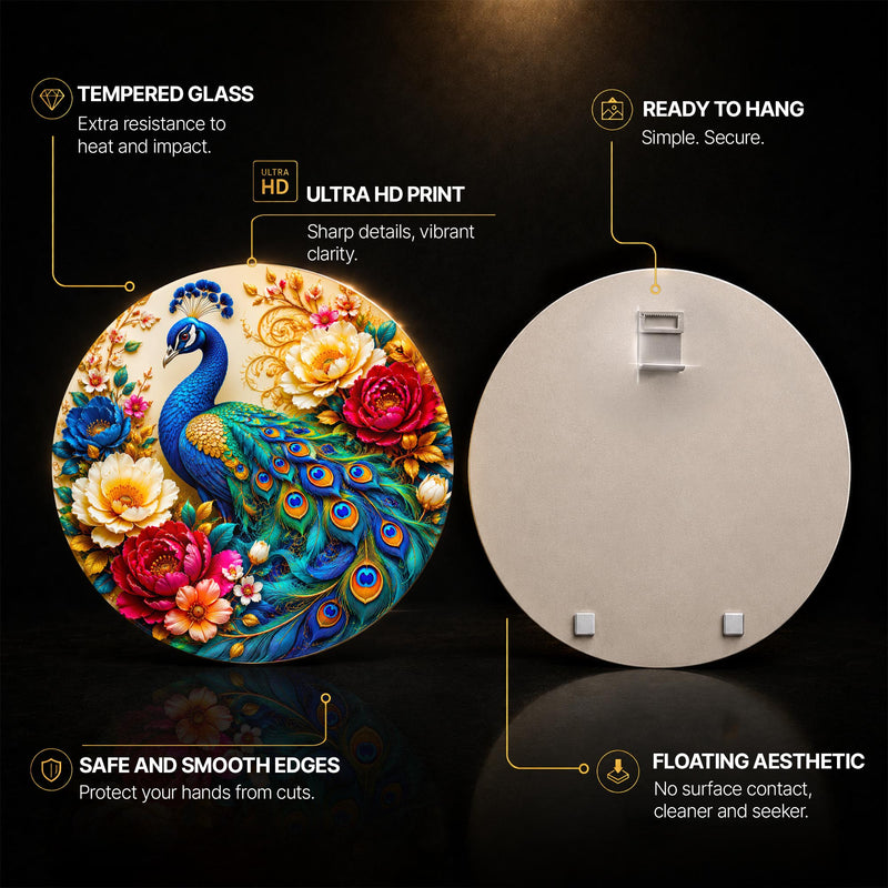 Regal Peacock Garden — tempered glass, ultra HD print, ready to hang