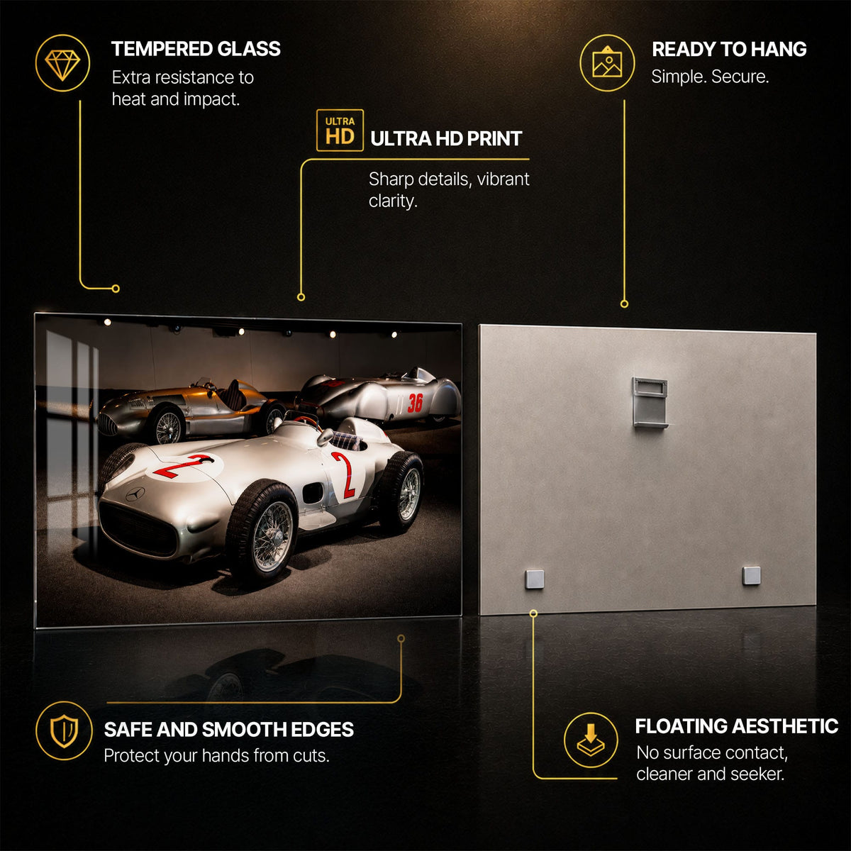 Vintage Silver Racers — tempered glass, ultra HD print, ready to hang
