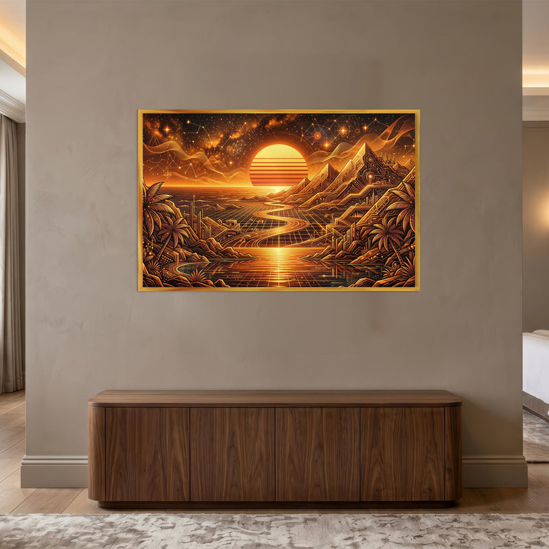 Cyber Sunset Valley with gold frame