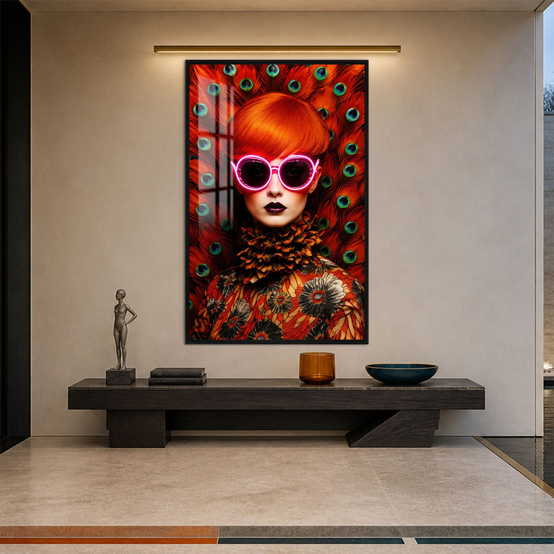 Artronauts Glass Print 12x18 cm | 4.7"x7.1" / Black Peacock Neon Muse Glass Wall Art