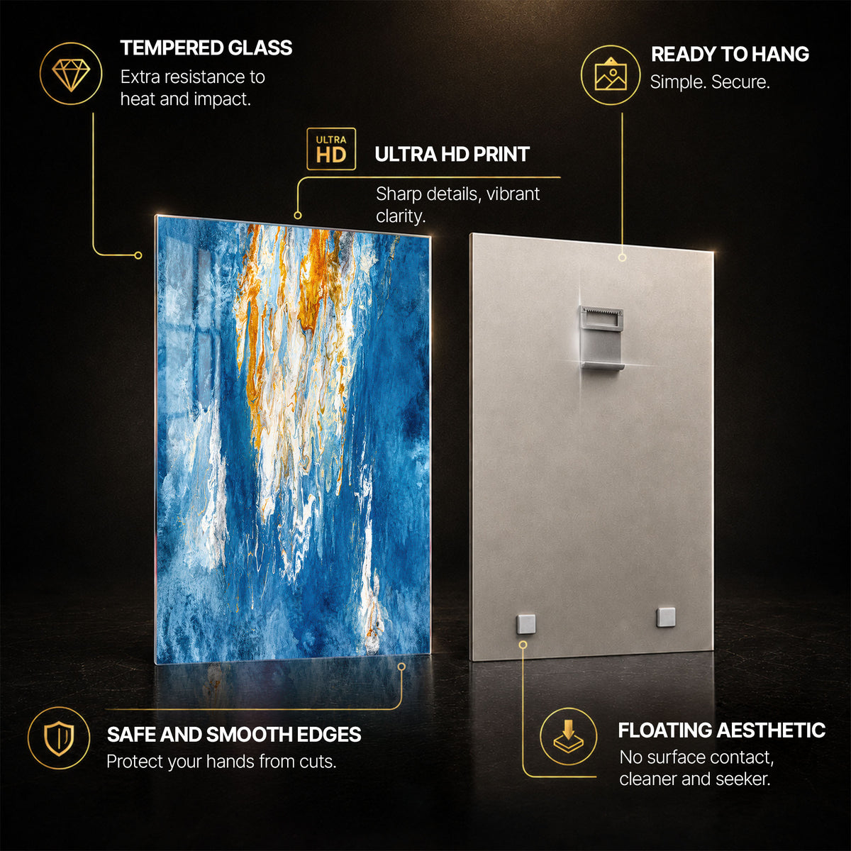 Gilded Blue Cascade — tempered glass, ultra HD print, ready to hang