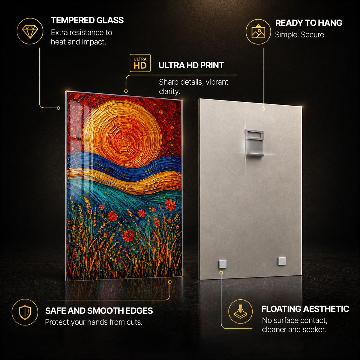 Spiral Sun Meadow — tempered glass, ultra HD print, ready to hang