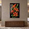 Radiant Tiger Lilies with walnut frame