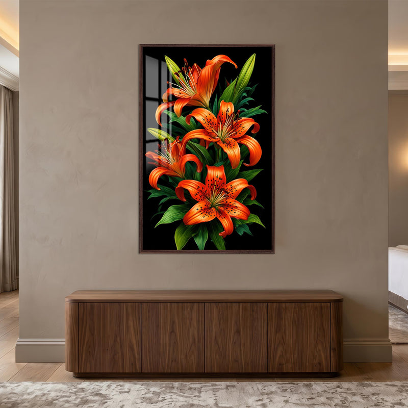 Radiant Tiger Lilies with walnut frame
