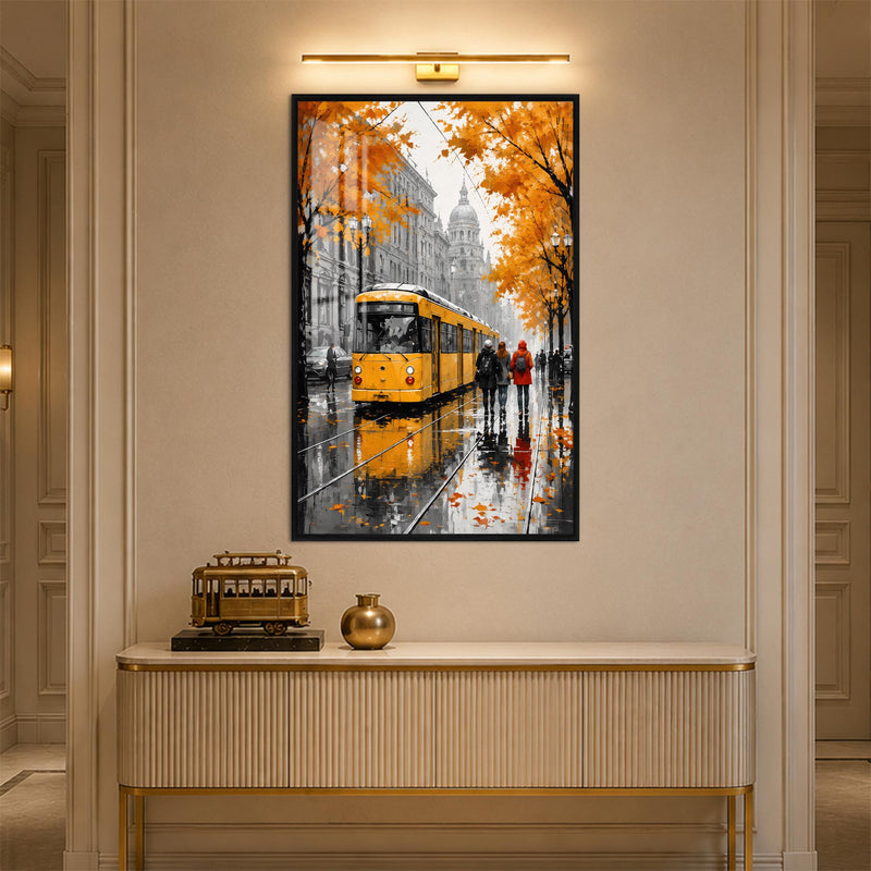 Yellow Tram in Rain with black frame