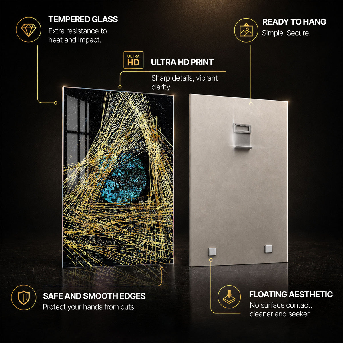 Turquoise Cosmic Core — tempered glass, ultra HD print, ready to hang