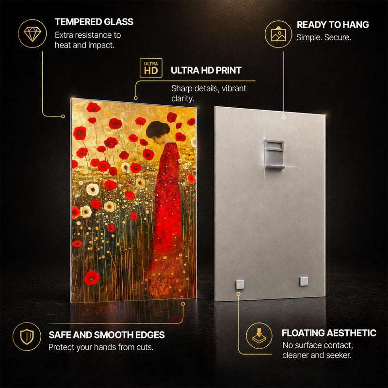 Crimson Poppy Reverie — tempered glass, ultra HD print, ready to hang