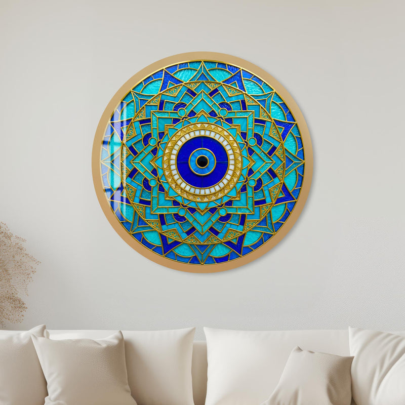 Blue Gold Evil Eye Star Mandala with gold frame