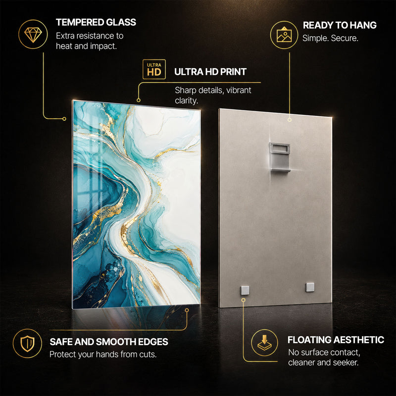 Aqua Floral — tempered glass, ultra HD print, ready to hang