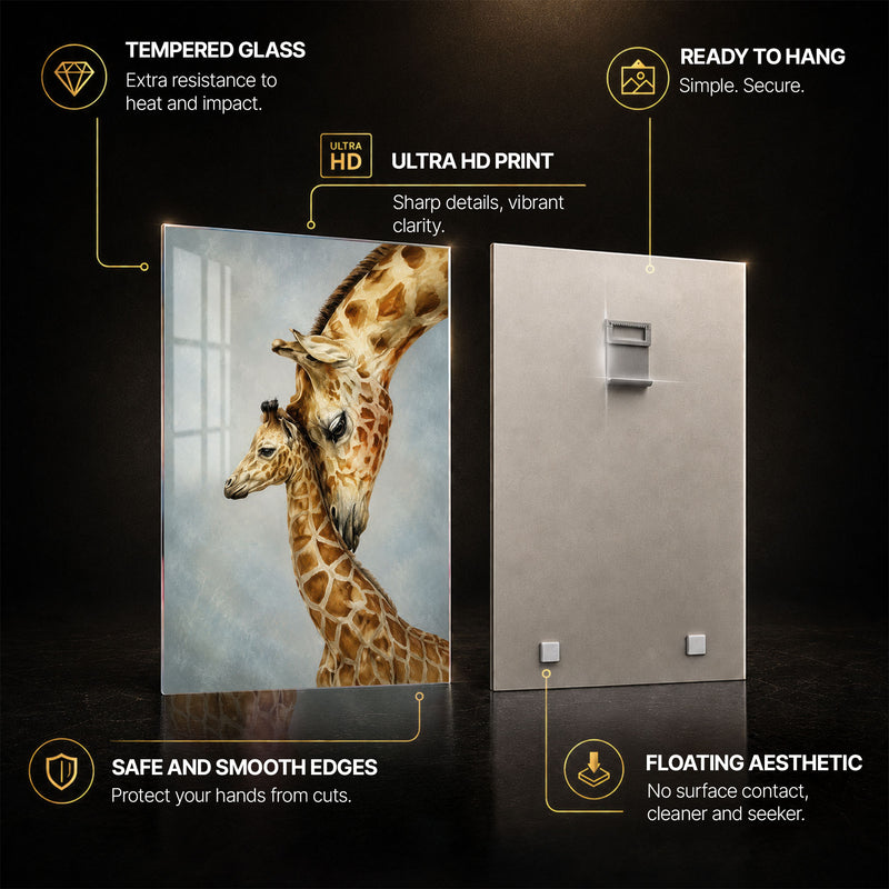 Tender Giraffes — tempered glass, ultra HD print, ready to hang