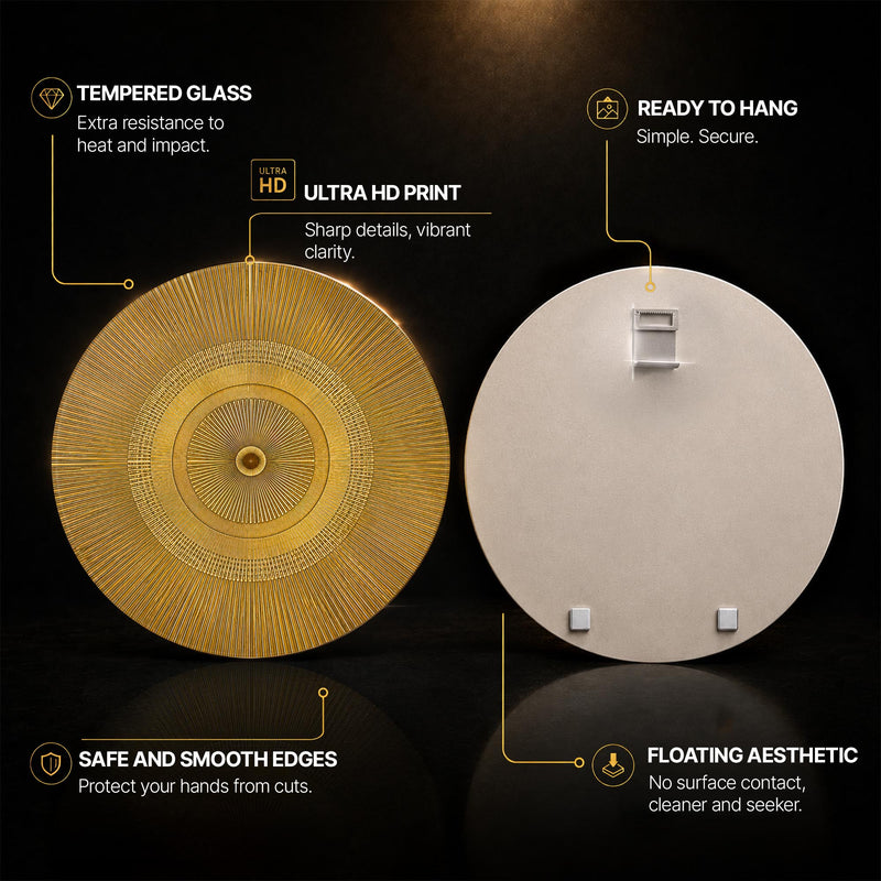 Golden Ray Disc — tempered glass, ultra HD print, ready to hang
