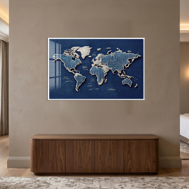 Denim World Map with white frame