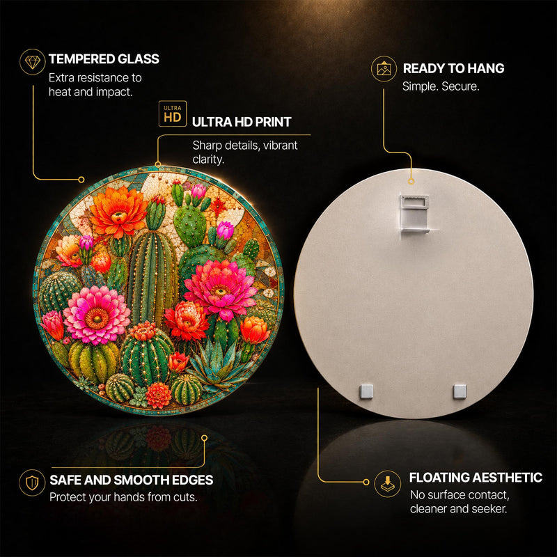 Desert Cactus Bloom — tempered glass, ultra HD print, ready to hang