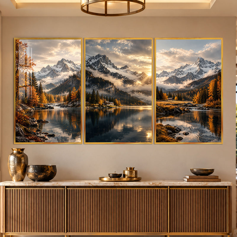 Autumn Alpine Lake with gold frame