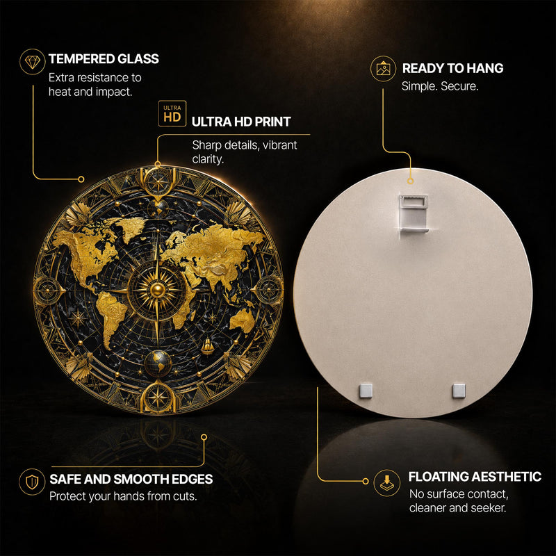 Gilded Compass World — tempered glass, ultra HD print, ready to hang