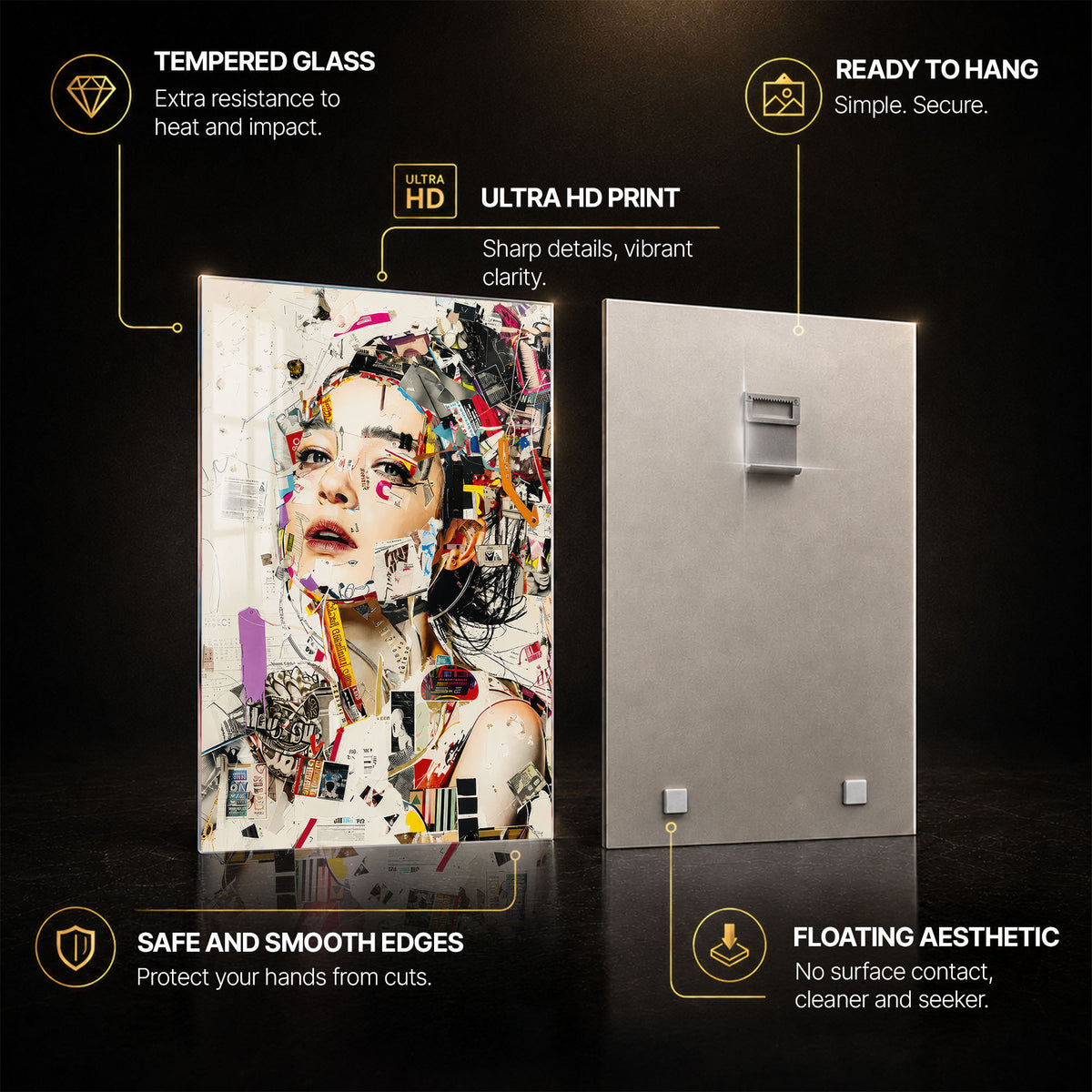 Fragmented Fashion Muse — tempered glass, ultra HD print, ready to hang