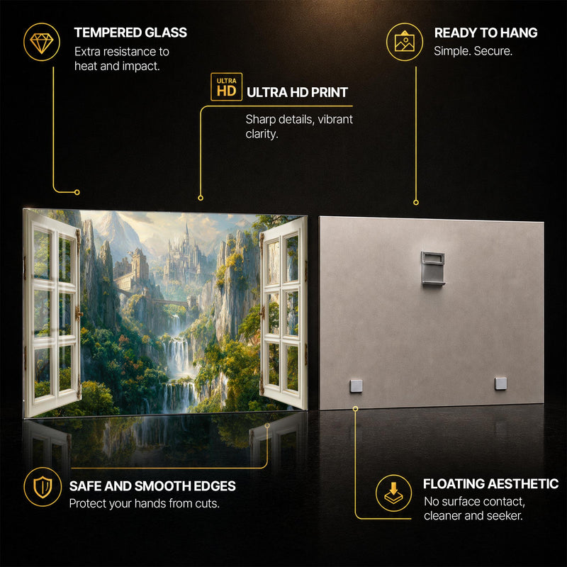 Enchanted Valley Castle — tempered glass, ultra HD print, ready to hang