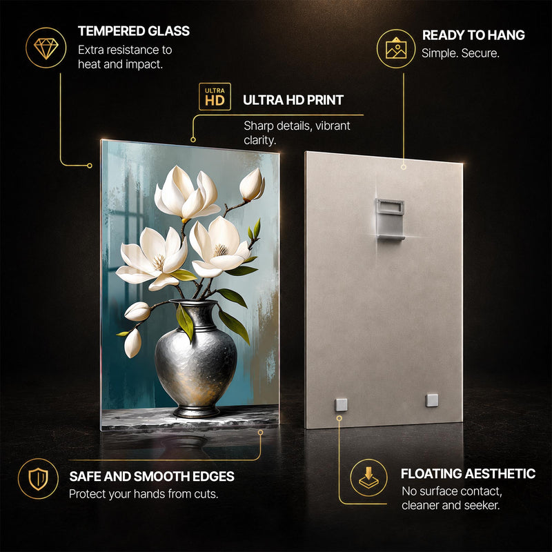 Ivory Magnolia Elegance — tempered glass, ultra HD print, ready to hang