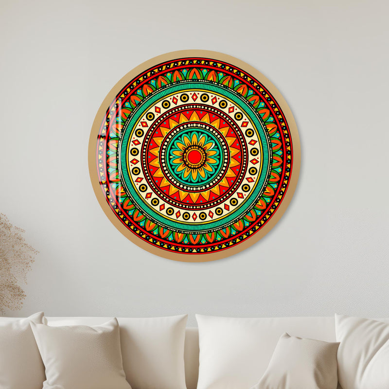Vibrant Tribal Mandala with gold frame