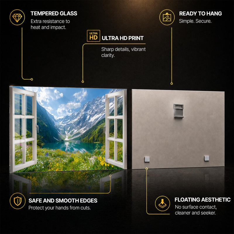 Alpine Window Vista — tempered glass, ultra HD print, ready to hang