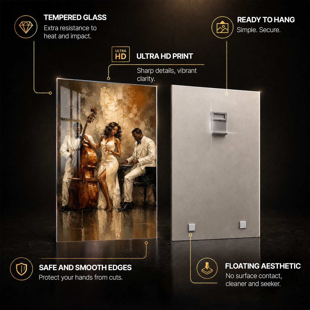 Midnight Jazz Trio — tempered glass, ultra HD print, ready to hang