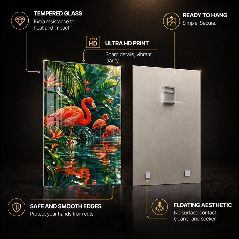 Tropical Flamingo — tempered glass, ultra HD print, ready to hang