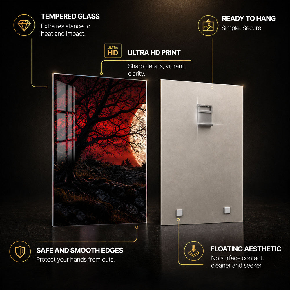 Crimson Moon Wolf — tempered glass, ultra HD print, ready to hang