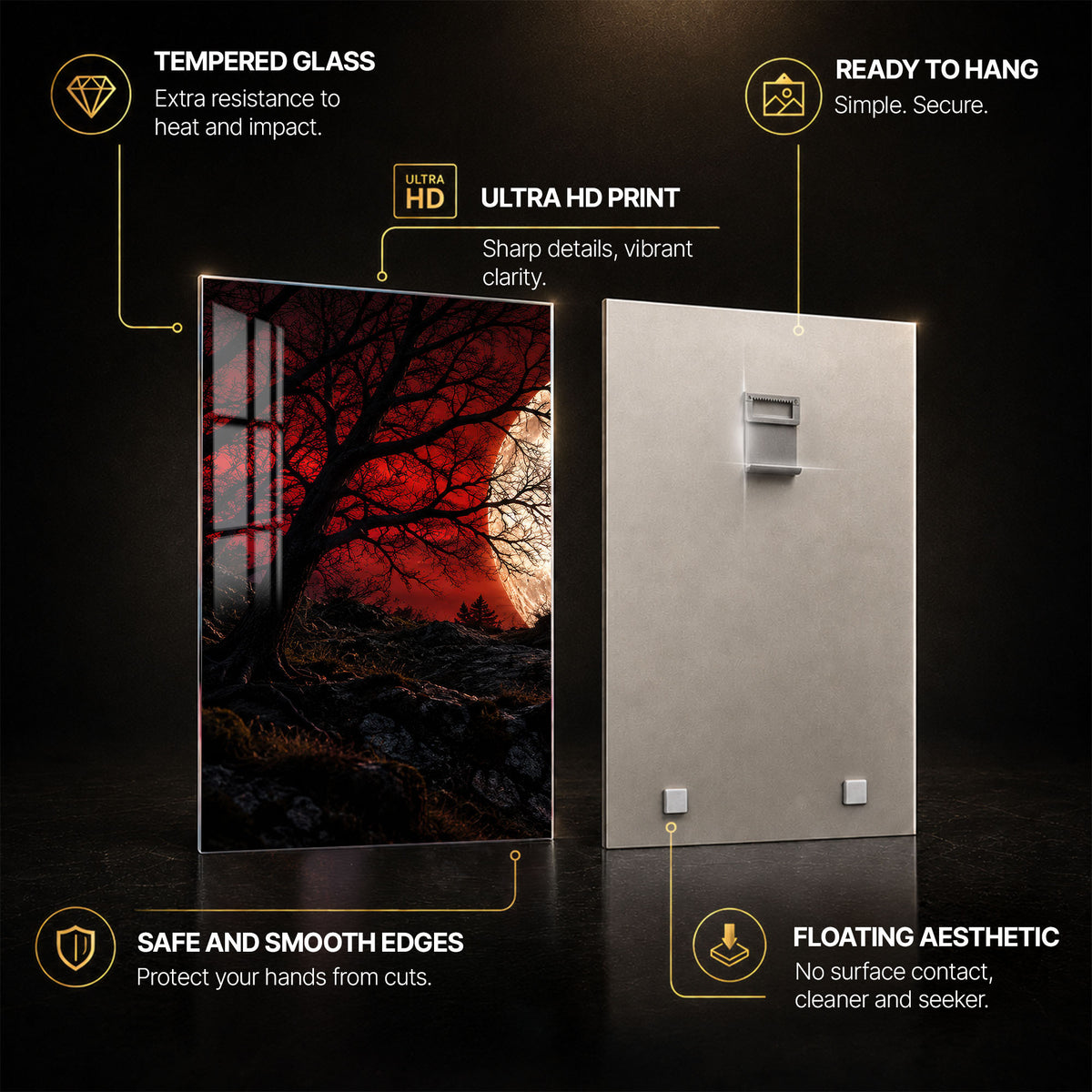Crimson Moon Wolf — tempered glass, ultra HD print, ready to hang