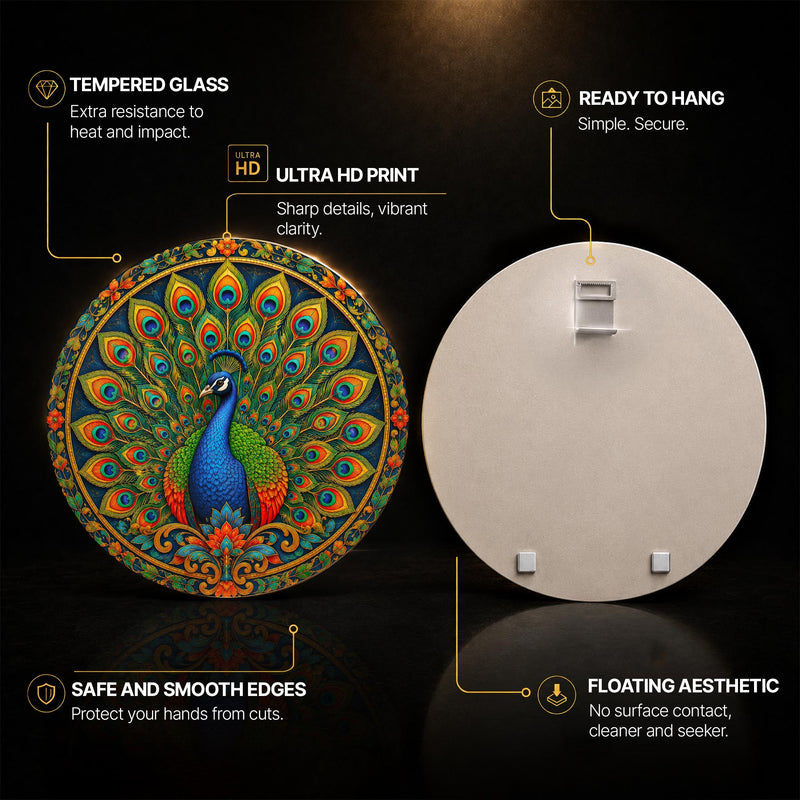Emerald Peacock Fan — tempered glass, ultra HD print, ready to hang