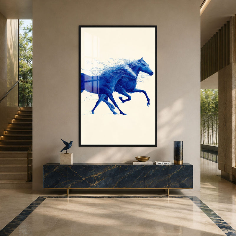 Artronauts Glass Print 12x18 cm | 4.7"x7.1" / Black Blue Horses in Motion Glass Wall Art