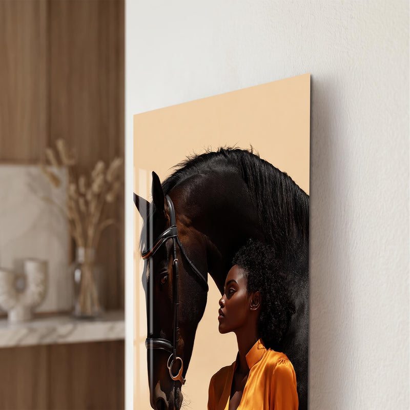 Woman Beside Black Horse close-up angled detail